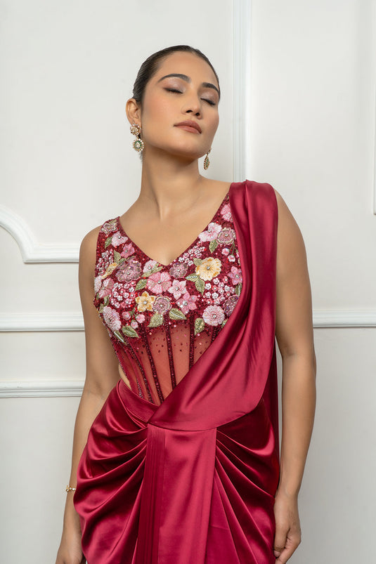 Maroon drape saree set