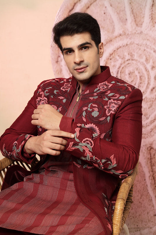 Maroon Embroidered Sherwani With Pathani Salwar