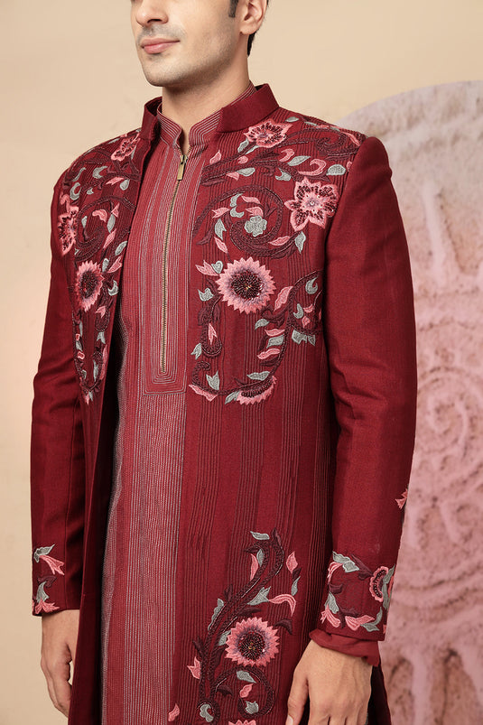 Maroon Embroidered Sherwani With Pathani Salwar