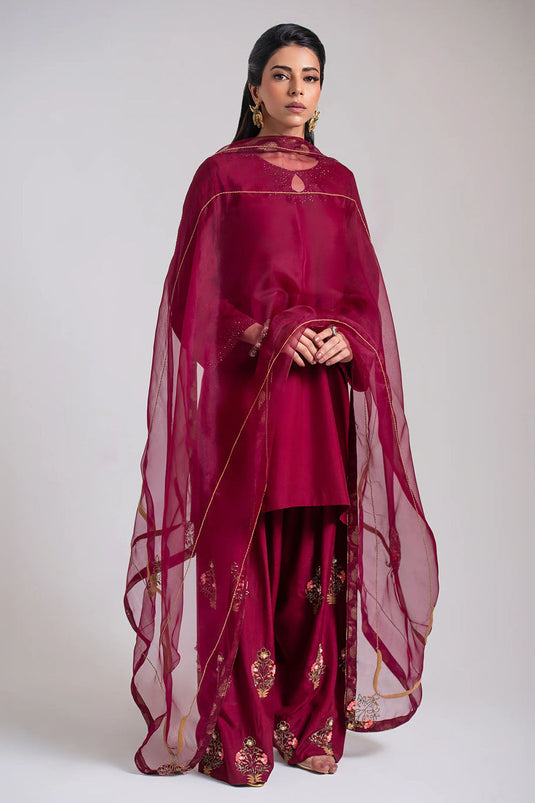 Maroon Luxe Embroidered Farshi Suit Set with Dupatta