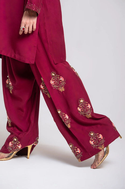 Maroon Luxe Embroidered Farshi Suit Set with Dupatta