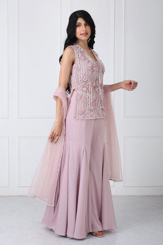 Mauve Embroidered Jacket With Sharara And Dupatta