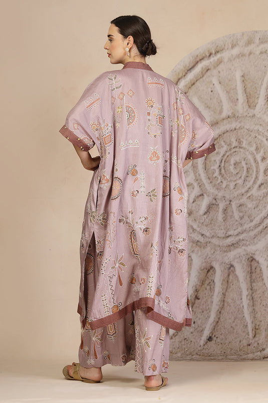 Mauve Slub Cotton Kaftan Kurta Set with Tribal Patchwork & Metallic Detailing