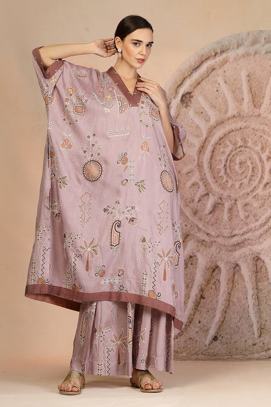 Mauve Slub Cotton Kaftan Kurta Set with Tribal Patchwork & Metallic Detailing