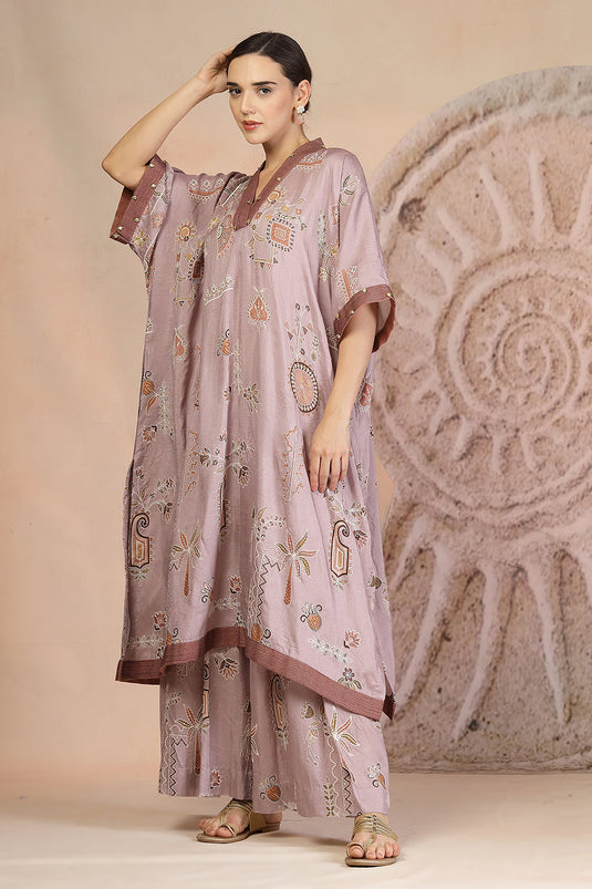 Mauve Slub Cotton Kaftan Kurta Set with Tribal Patchwork & Metallic Detailing
