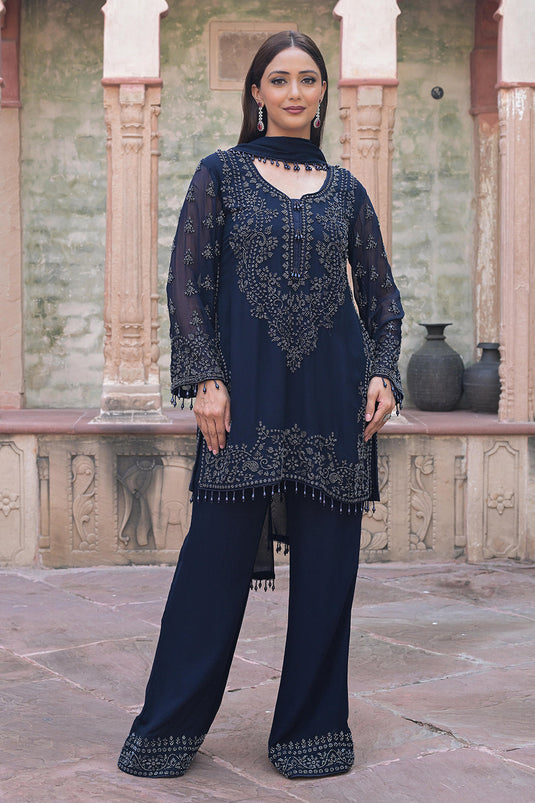 Midnight Blue Georgette Beads Embroidered Kurta Set
