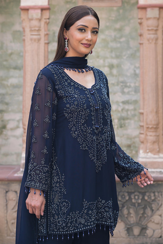 Midnight Blue Georgette Beads Embroidered Kurta Set