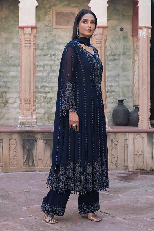 Midnight Blue Georgette Beads Work Anarkali Suit Set