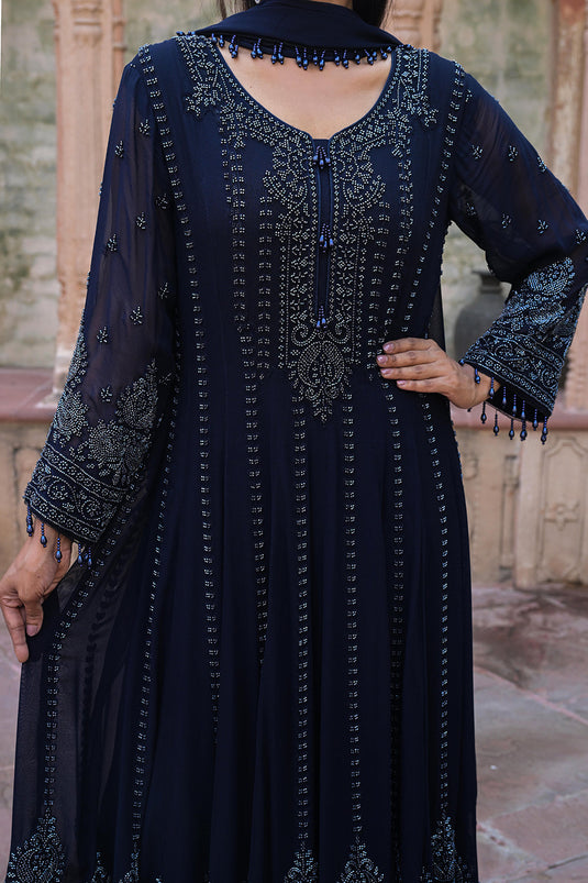 Midnight Blue Georgette Beads Work Anarkali Suit Set