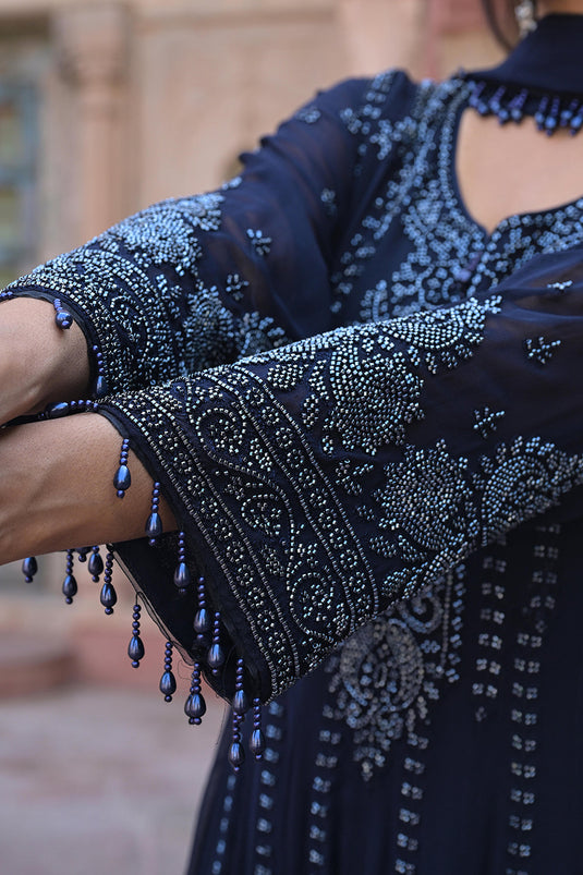 Midnight Blue Georgette Beads Work Anarkali Suit Set