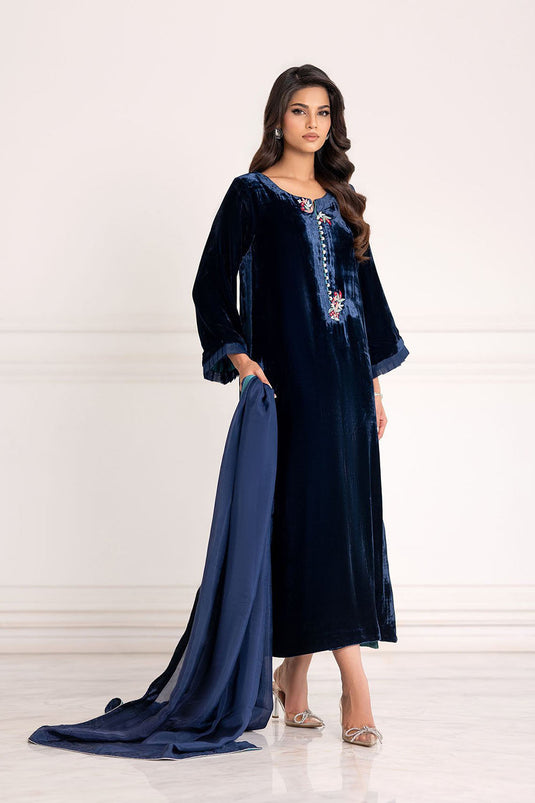 Midnight Blue Luxe Velvet Straight Suit Set