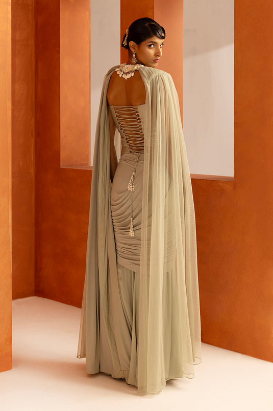 Mint Cape Detailled Drape Saree Set