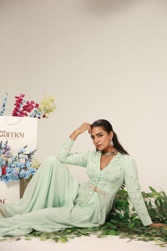 Mint Green Peplum-Style Top Paired With Flowy Wide-Leg Pants