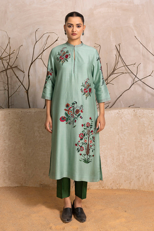Mint Silk Chanderi Floral Boota Printed Tunic