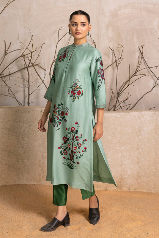Mint Silk Chanderi Floral Boota Printed Tunic