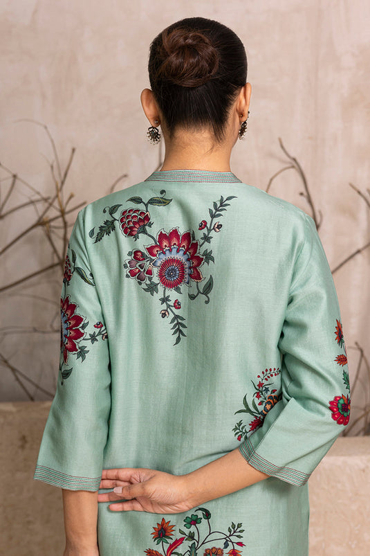 Mint Silk Chanderi Floral Boota Printed Tunic