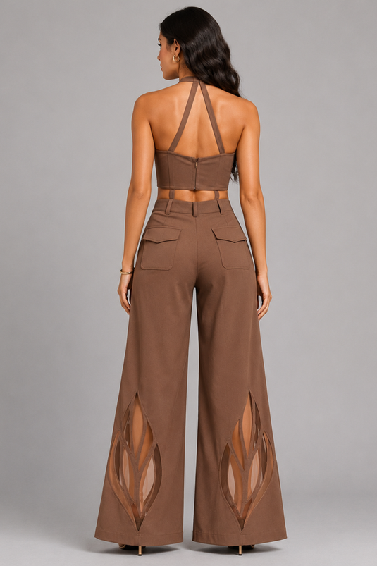 Mocha Mousse Strap Detail Halter Corset & Wide-Leg Pants Co-Ord Set