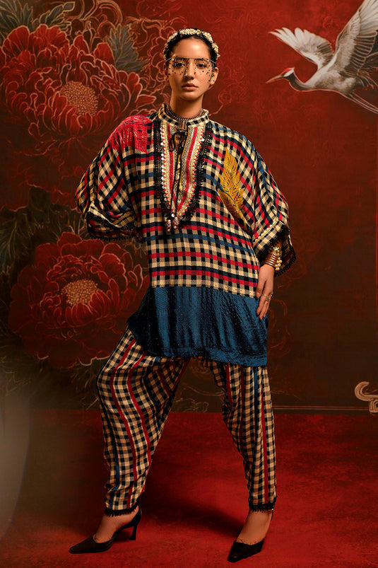 Mosaic Multicolor Checked Designer crepe Co-ord Statement Sleeve Set