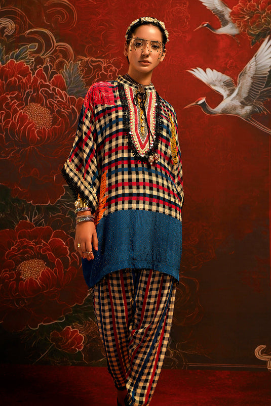 Mosaic Multicolor Checked Designer crepe Co-ord Statement Sleeve Set
