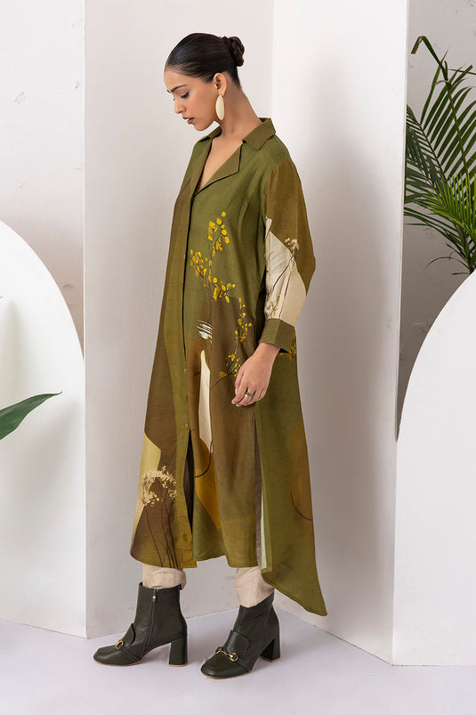 Moss Green Shaded Viscose Dupion Printed Dress