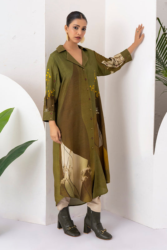 Moss Green Shaded Viscose Dupion Printed Dress