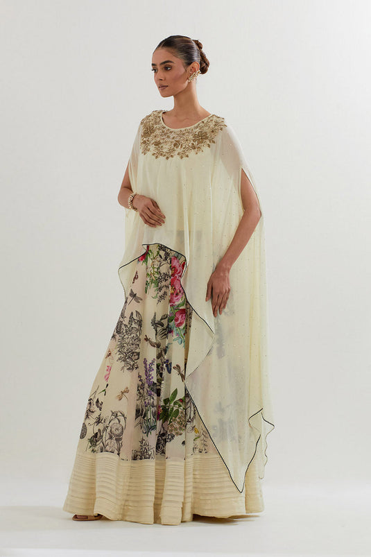 Multi Colour Botanical Printed Sharara  With Dupatta Cape