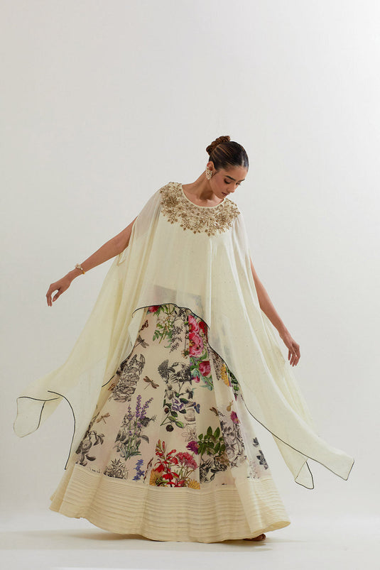 Multi Colour Botanical Printed Sharara  With Dupatta Cape