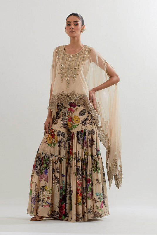 Multi Colour Botanical Printed Sharara  With Dupatta Cape