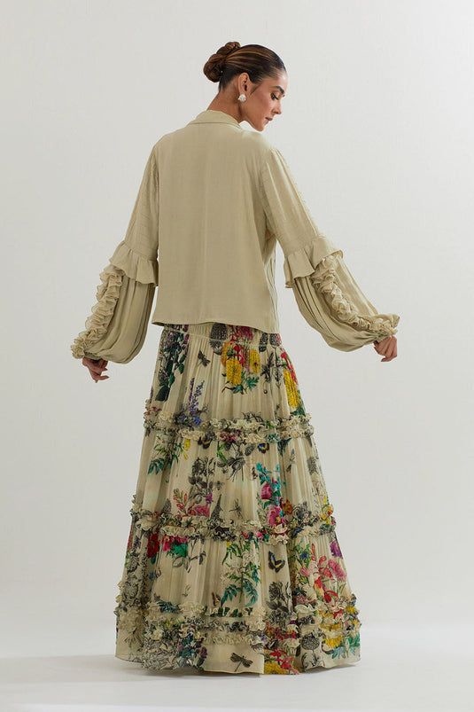 Multi Colour Botanical Printed Skirt With Ruffle Shirt