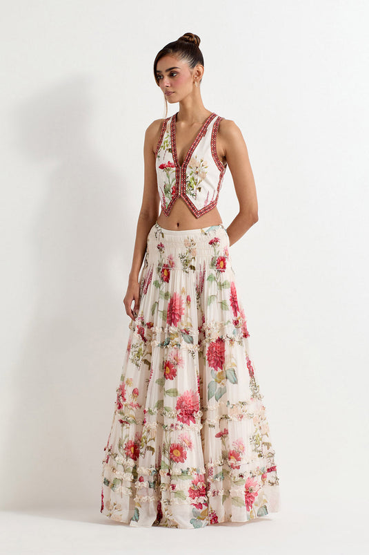 Multi Colour Georgette With Stretch Lycra Top With Skirt
