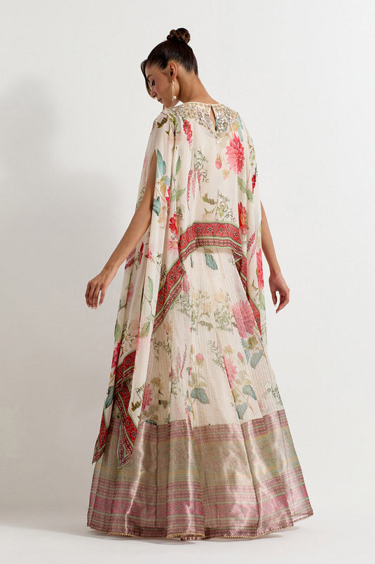 Multi Colour Organza With Stretch Lycra With Tissue Cape With Skirt