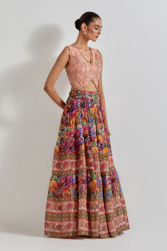 Multicolour Floirka Printed Skirt Paired With Organza Hand Embellished Waist Coat