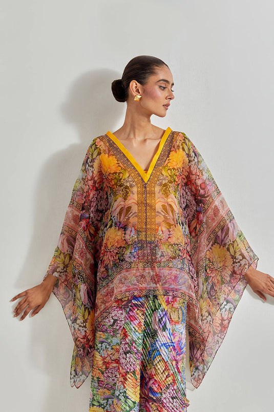 Multicolour Florika Crinkle Drape Dress Paired With Printed Kaftan Top