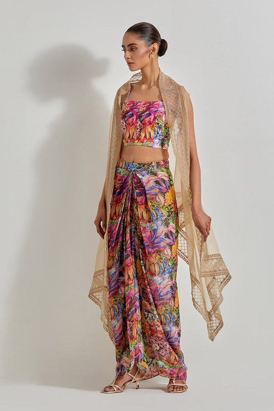 Multicolour Florika Drape Skirt And Bustier Paired With Organza Silk Cape With Emroidered Border
