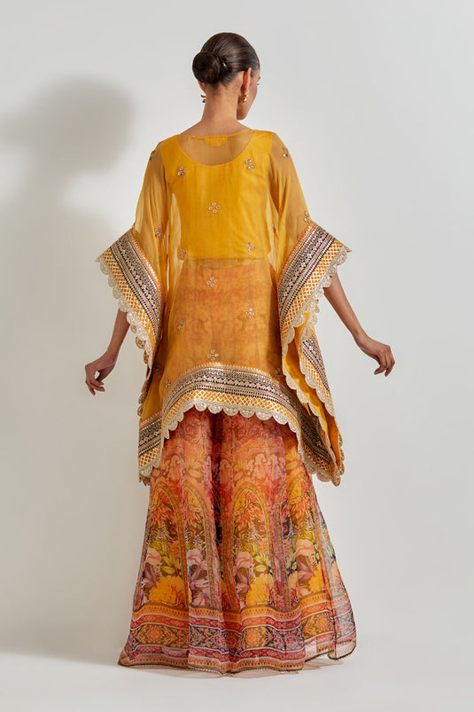 Multicolour Florika Organza Printed Sharara Paired With Organza Kaftan Tunic