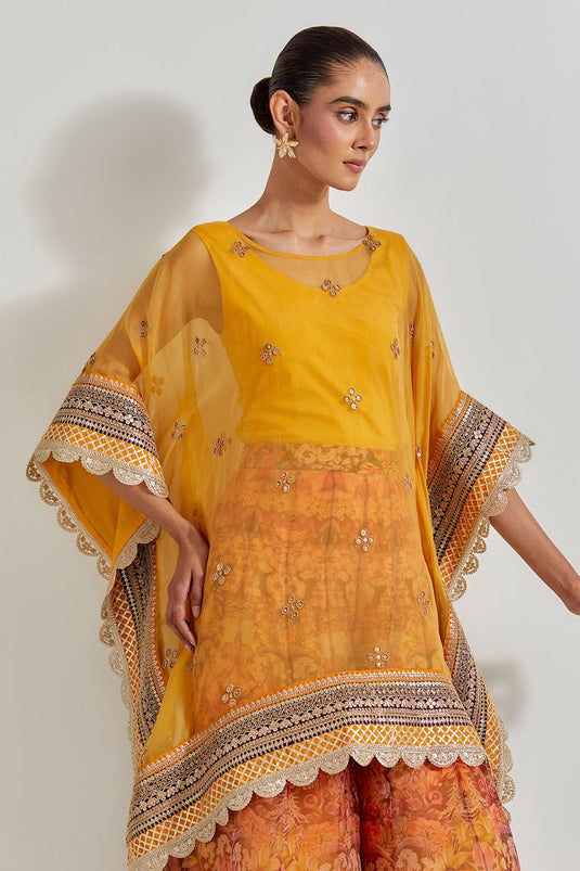Multicolour Florika Organza Printed Sharara Paired With Organza Kaftan Tunic