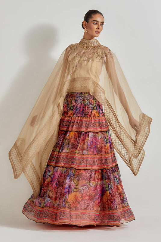 Multicolour Florika Organza Printed Skirt Paired With Hand Embellished Cape