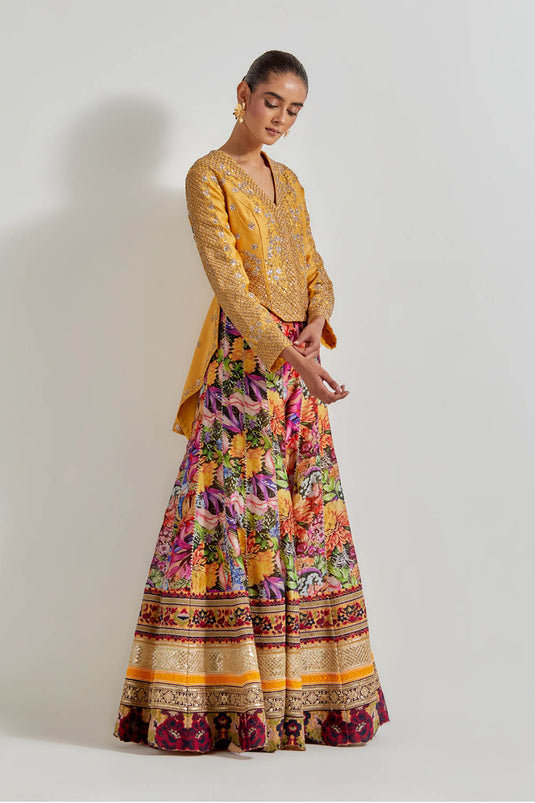 Multicolour Florika Printed Pants Paired With Chanderi Silk Hand Embellished Jacket