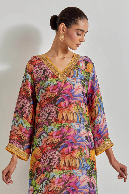 Multicolour Florika Printed Tissue Chanderi Kurta Set With Embellished Neckline Cuff