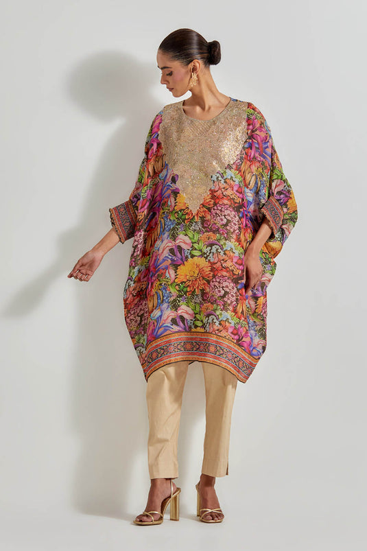 Multicolour Florika Tissue Chanderi Printed Kaftan Tunic With Hand Neckline Paired With Lycra Pants