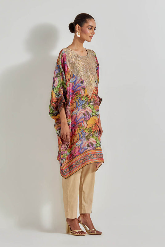 Multicolour Florika Tissue Chanderi Printed Kaftan Tunic With Hand Neckline Paired With Lycra Pants