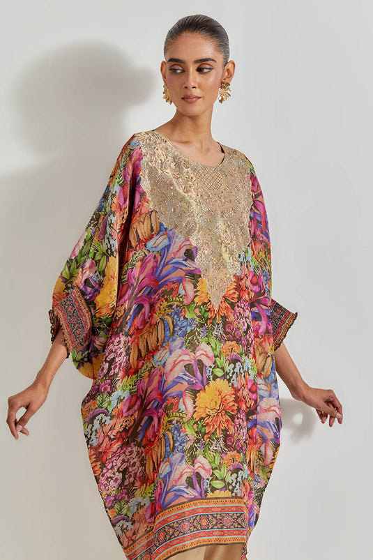 Multicolour Florika Tissue Chanderi Printed Kaftan Tunic With Hand Neckline Paired With Lycra Pants