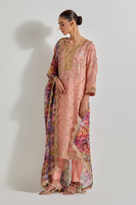 Multicolour Organza Hand Embellished Kurta Paired With Florika Printed Dupatta And Chanderi Pants