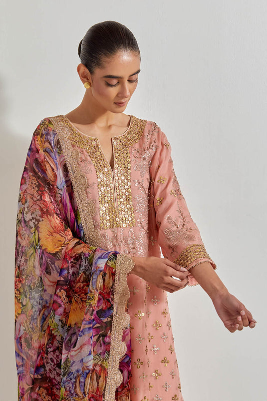 Multicolour Organza Hand Embellished Kurta Paired With Florika Printed Dupatta And Chanderi Pants