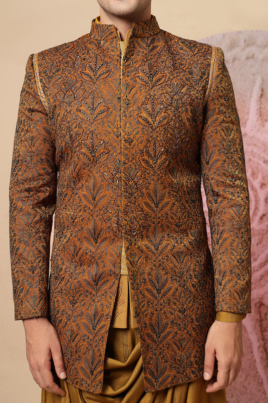 Mustard Brown Draped Cowl Kurta Set With Heavy Embroidered Jacket