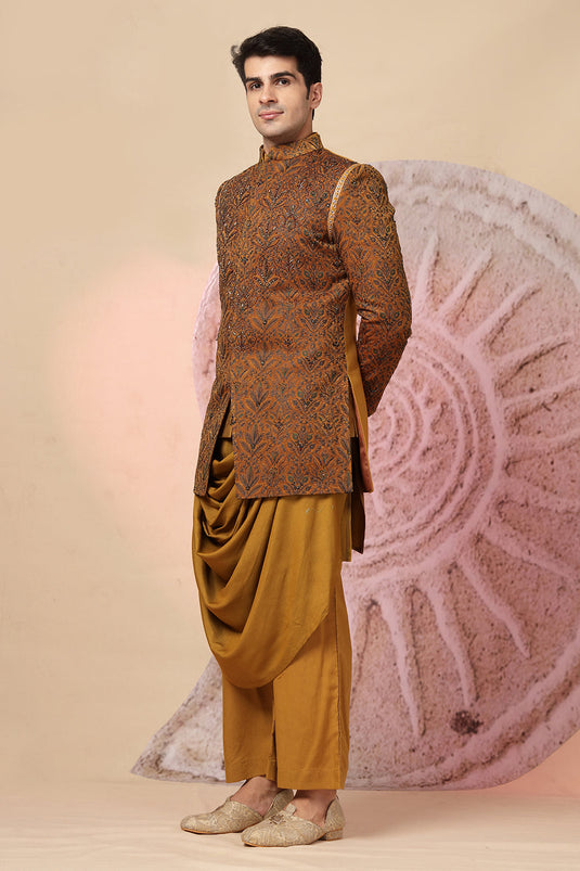Mustard Brown Draped Cowl Kurta Set With Heavy Embroidered Jacket
