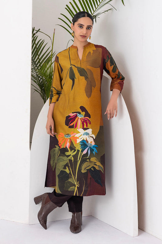 Mustard & Brown Viscose Dupion Printed Tunic