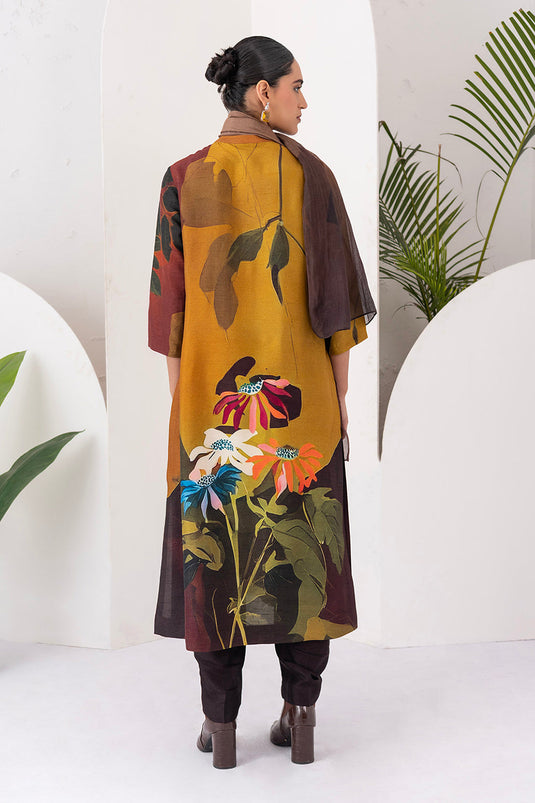 Mustard & Brown Viscose Dupion Printed Tunic