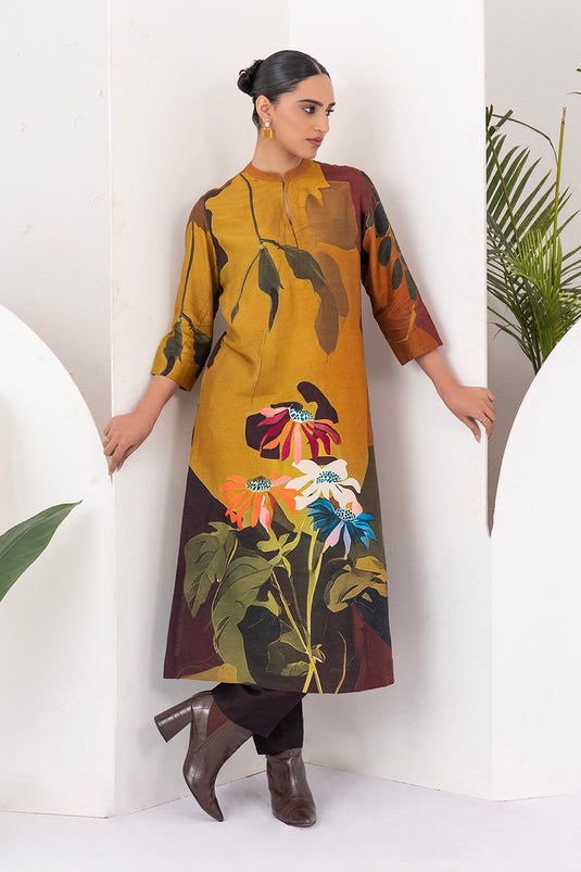Mustard & Brown Viscose Dupion Printed Tunic