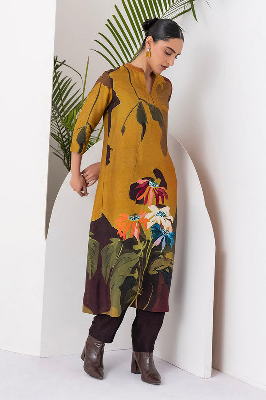 Mustard & Brown Viscose Dupion Printed Tunic